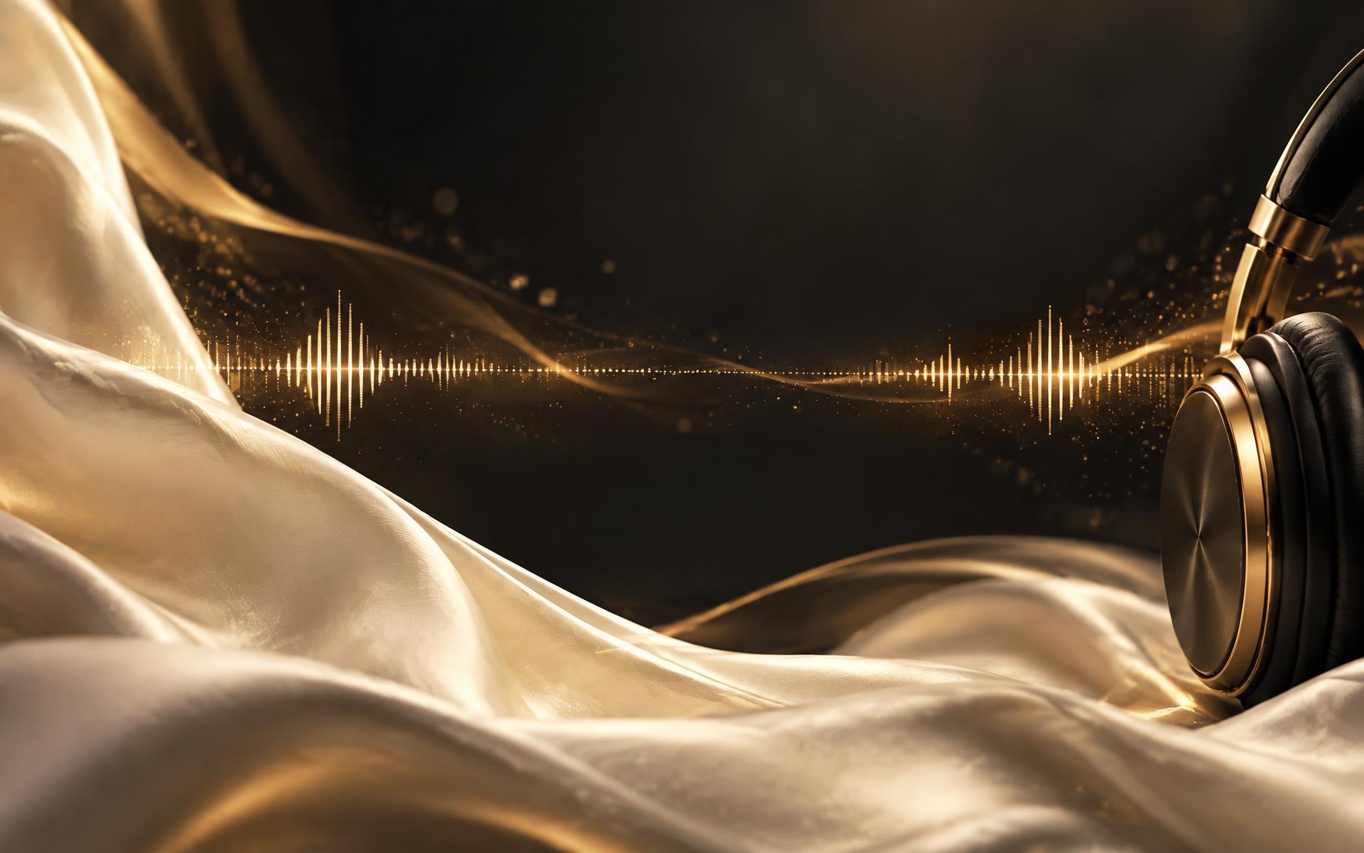 Abstract champagne fabric, a glowing audio waveform and gold-trimmed headphones