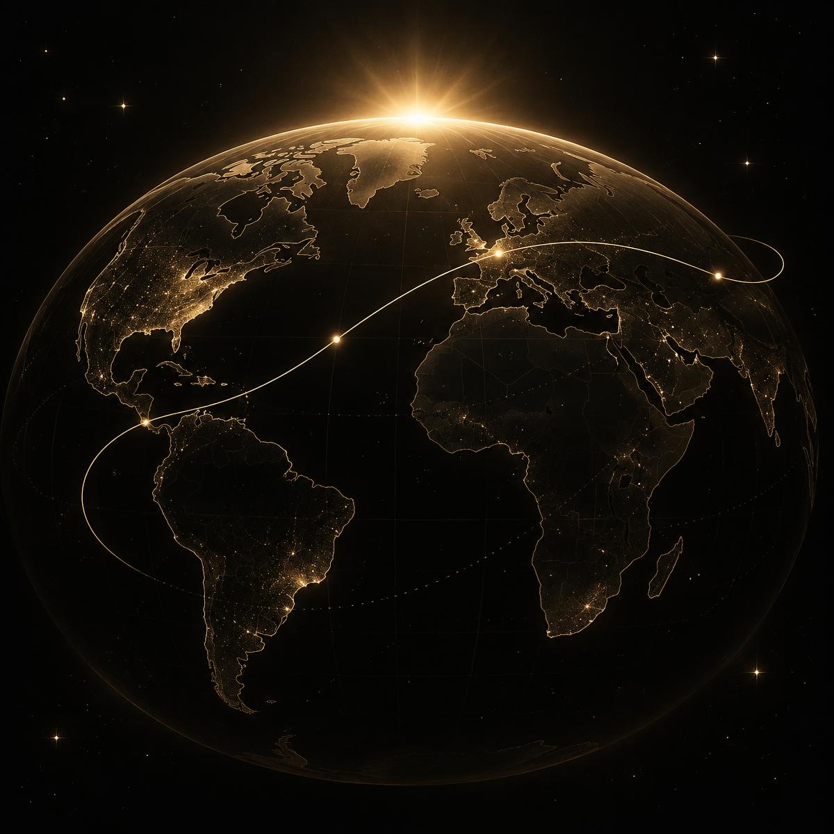 Faceless black and antique-gold cover artwork showing a luminous world, horizon and travel route